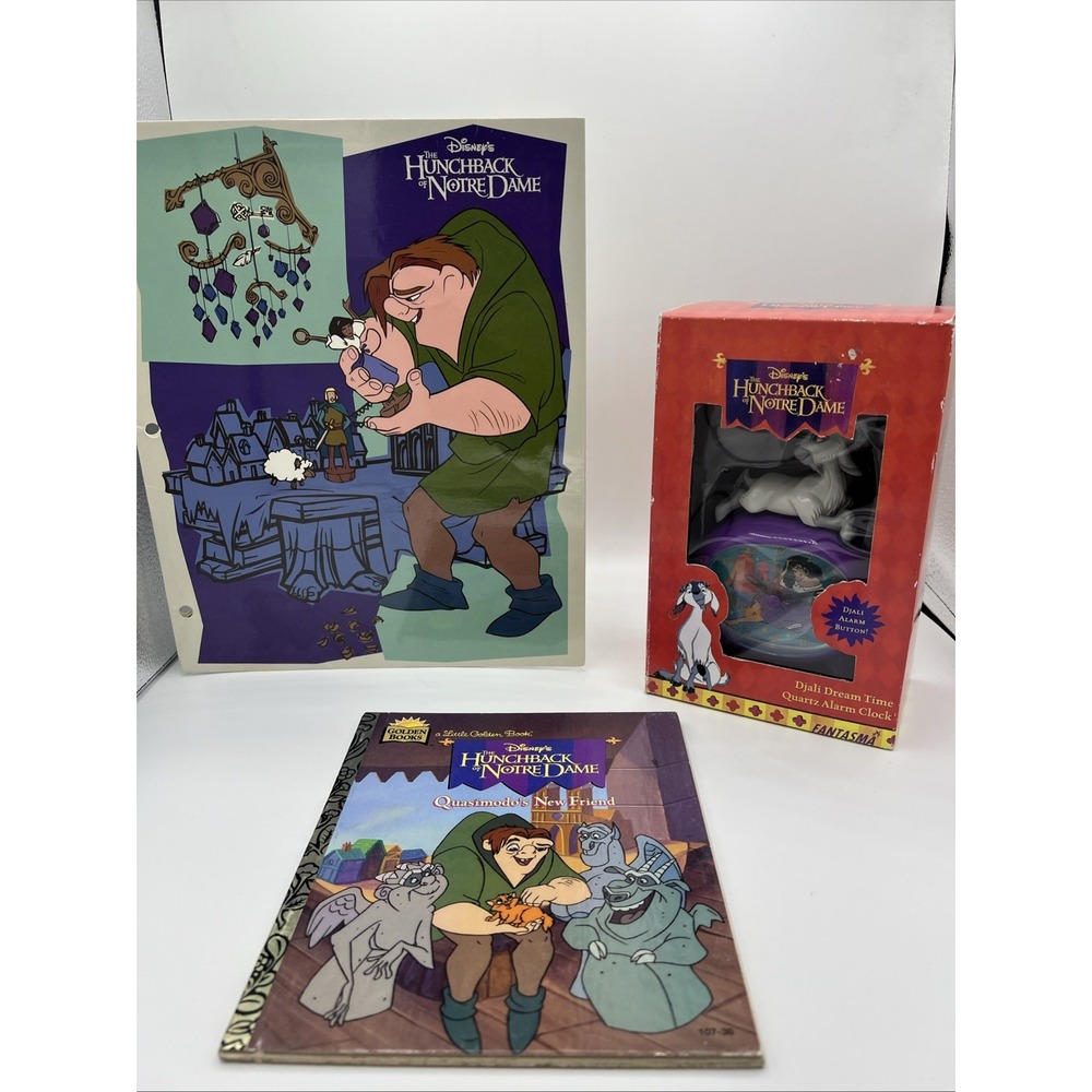 VTG 1996 Disney The Hunchback of Notre Dame Lot Alarm Clock,Golden Book,Folder